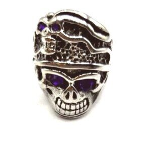 Silver Tone Skull Ring With Purple Stone Eyes Men’s Size 9